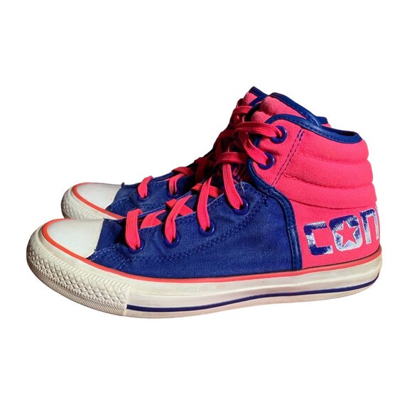 Converse Sneakers Juniors 5 Womens 7 Hot Pink Blue Spell Out High Top Shoes RARE - Picture 3 of 11
